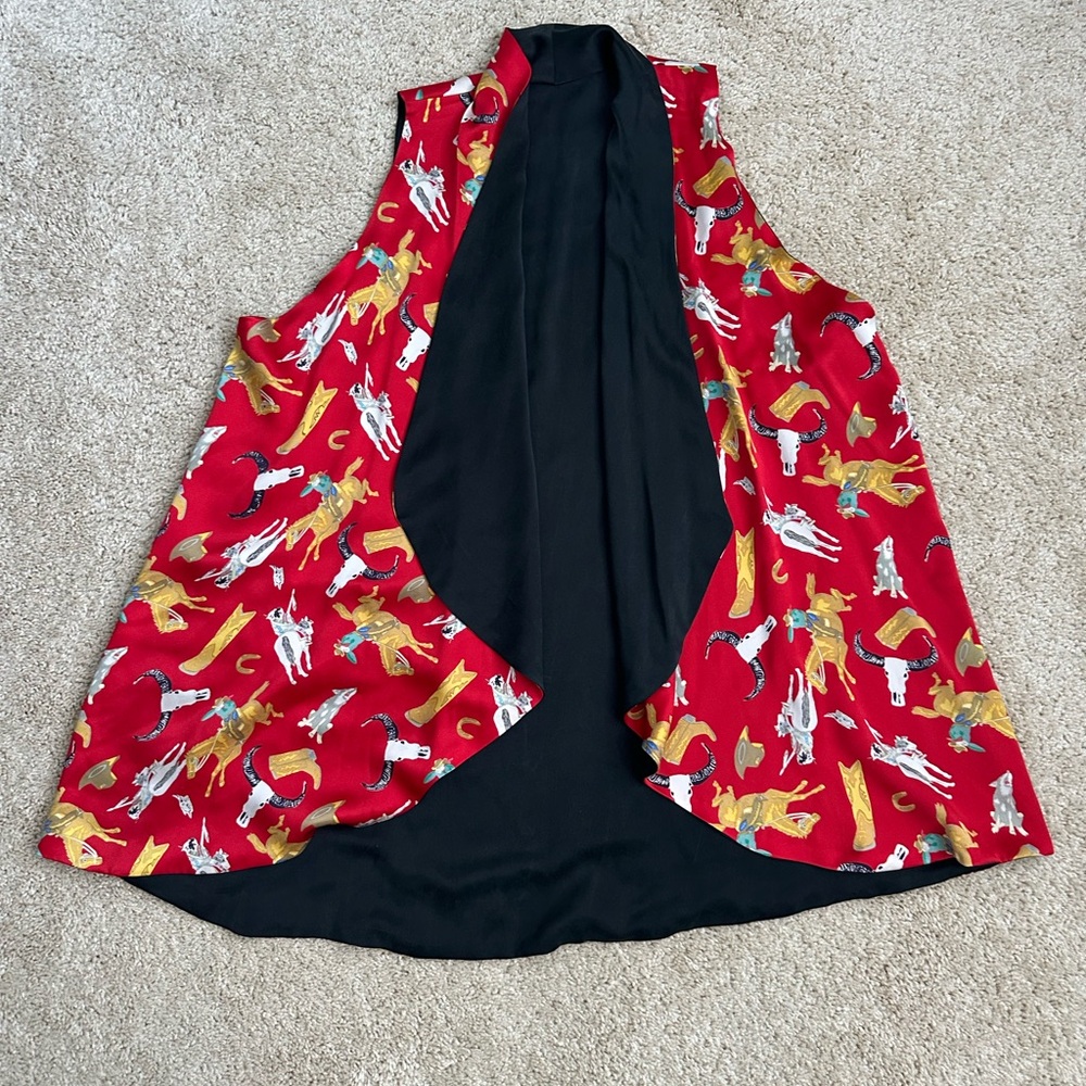 Candiss Cole Western 100% Silk Red and Black Flowy Vest